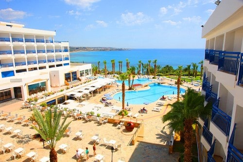 Hotel panorama at Ascos Coral Beach in Paphos, Cyprus. Travel with World Lifetime Journeys