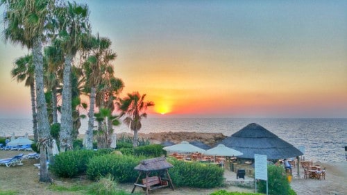 Beach front at Cynthiana Beach Hotel in Paphos, Cyprus. Travel with World Lifetime Journeys