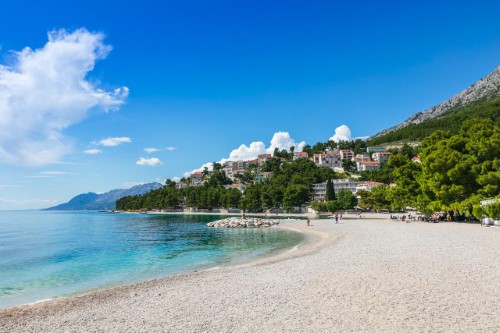 Beautiful sandy beach at Hotel Croatia in Baska Voda, Croatia. Travel with World Lifetime Journeys