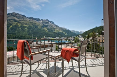 Balcony view Panorama Deluxe at Hotel Schweizerhof in St. Moritz, Switzerland. Travel with World Lifetime Journeys