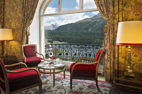 Balcony view at Hotel Kulm in St. Moritz, Switzerland. Travel with World Lifetime Journeys