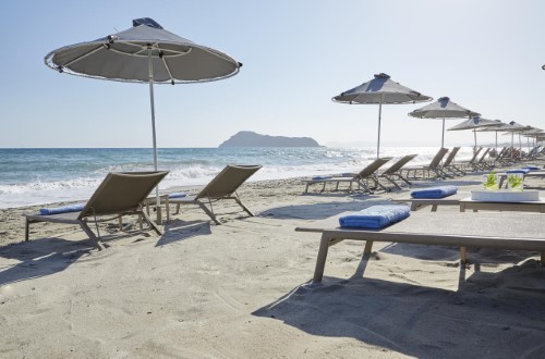 Beach area at Minoa Palace Imperial Resort and Spa in Chania area, Crete. Travel with World Lifetime Journeys