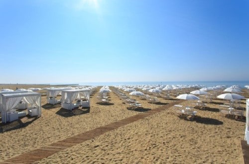 Beach front at Almar Jesolo Resort and Spa in Lido di Jesolo, Italy. Travel with World Lifetime Journeys