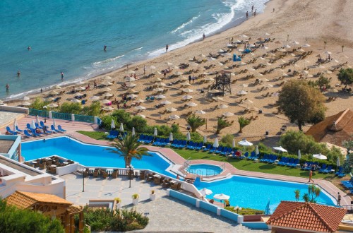 Beach front at Fodele Beach Water Park Resort in Crete, Greece. Travel with World Lifetime Journeys