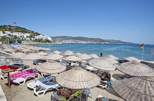 Beach front at Salmakis Beach Resort and Spa in Bodrum, Turkey. Travel with World Lifetime Journeys