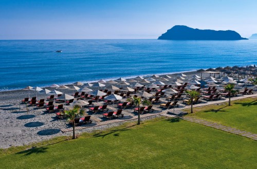 Beach panorama at Minoa Palace Imperial Resort and Spa in Chania area, Crete. Travel with World Lifetime Journeys