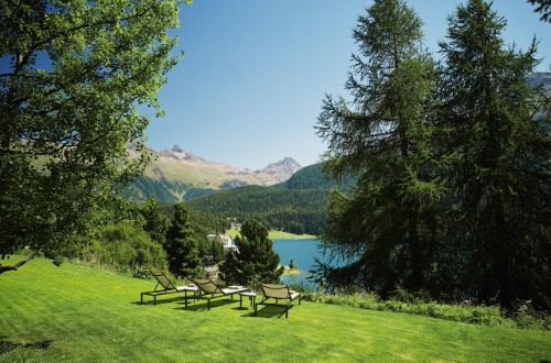 Beautiful garden view at Hotel Kulm in St. Moritz, Switzerland. Travel with World Lifetime Journeys