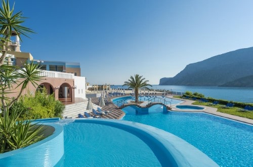 Beautiful poolside at Fodele Beach Water Park Resort in Crete, Greece. Travel with World Lifetime Journeys