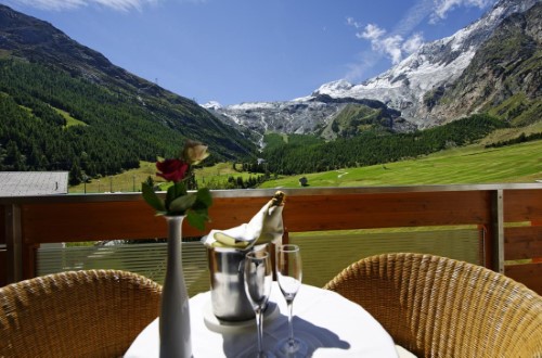 Beautiful terrace view at Saaserhof Hotel in Saas Fee, Switzerland. Travel with World Lifetime Journeys