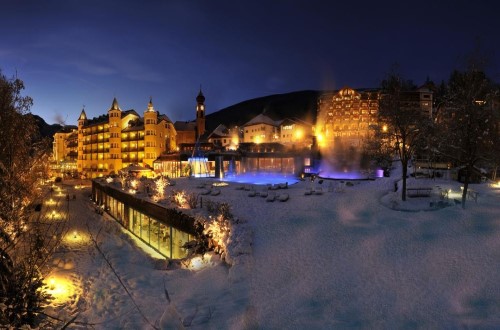 Beautiful winter evening at Hotel Adler Dolomiti in Ortisei, Italy. Travel with World Lifetime Journeys