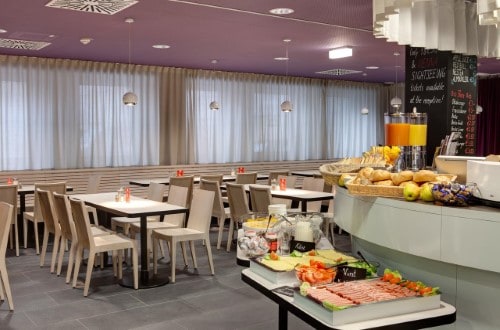 Breakfast buffet at Meininger Hotel Downtown Sissi in Vienna, Austria. Travel with World Lifetime Journeys