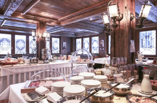 Buffet restaurant view at Saaserhof Hotel in Saas Fee, Switzerland. Travel with World Lifetime Journeys