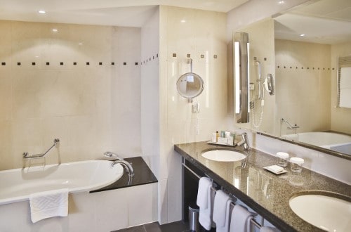 Ensuite bath at Hilton Vienna Hotel in Vienna, Austria. Travel with World Lifetime Journeys