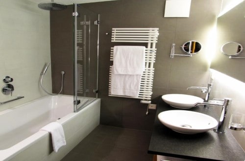 Ensuite bath at Hotel Allalin in Saas Fee, Switzerland. Travel with World Lifetime Journeys