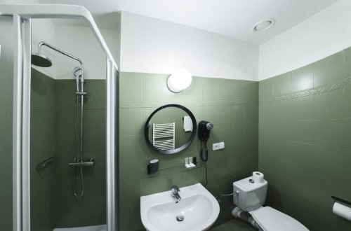 Ensuite bath at Hotel Amadeus in Prague, Czech Republic. Travel with World Lifetime Journeys