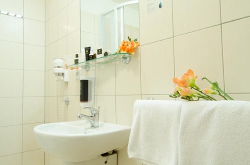 Ensuite bath at Hotel Inos in Prague, Czech Republic. Travel with World Lifetime Journeys