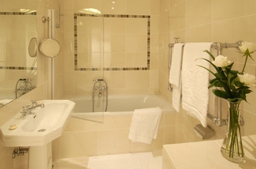 Ensuite bath at Hotel Metropole in Brussels, Belgium. Travel with World Lifetime Journeys