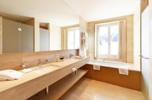 Ensuite bath at Hotel Monopol in St. Moritz, Switzerland. Travel with World Lifetime Journeys