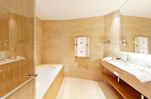 Ensuite bath at Hotel Monopol in St. Moritz, Switzerland. Travel with World Lifetime Journeys