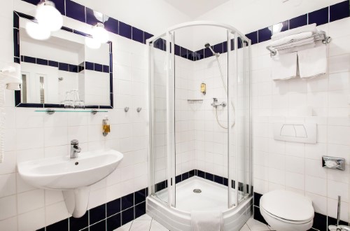 Ensuite bath at Hotel Mucha in Prague, Czech Republic. Travel with World Lifetime Journeys