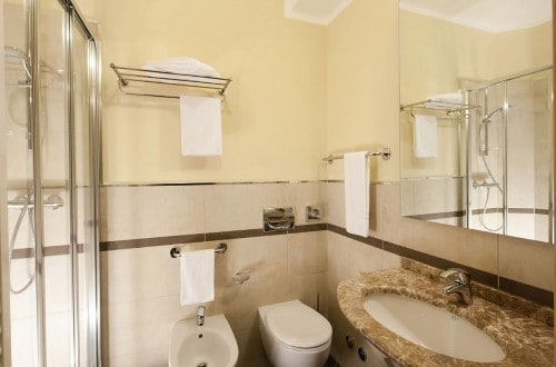 Ensuite bath at Hotel Portavescovo in Arabba, Italy. Travel with World Lifetime Journeys