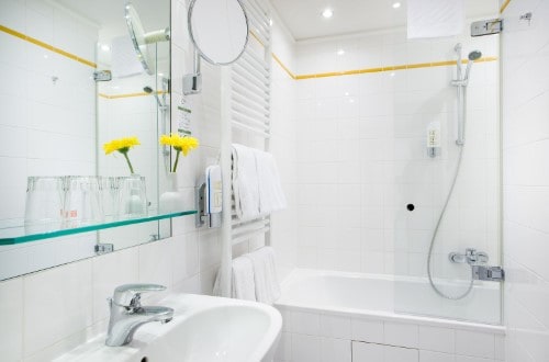 Ensuite bath at Hotel Prinz Eugen in Vienna, Austria. Travel with World Lifetime Journeys