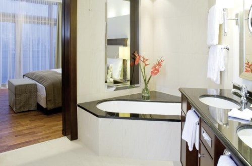 Ensuite bath at Hotel Schloss Lebenberg in Kitzbühel, Austria. Travel with World Lifetime Journeys