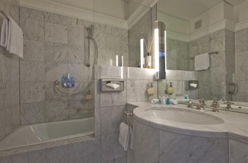 Ensuite bath at Hotel Schweizerhof in St. Moritz, Switzerland. Travel with World Lifetime Journeys