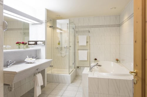 Ensuite bath at Hotel Seehof in Davos, Switzerland. Travel with World Lifetime Journeys