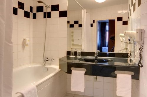 Ensuite bath at Hotel Theatrino in Prague, Czech Republic. Travel with World Lifetime Journeys