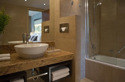 Ensuite bath at Imperial Riding School Renaissance Hotel in Vienna, Austria. Travel with World Lifetime Journeys