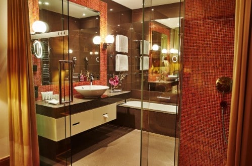 Ensuite bath at Kempinski Hotel Das Tirol in Kitzbühel, Austria. Travel with World Lifetime Journeys