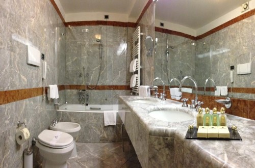 Ensuite bath at Miramonti Majestic Grand Hotel in Cortina D’Ampezzo, Italy. Travel with World Lifetime Journeys