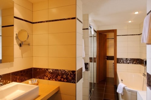 Ensuite bath at Saaserhof Hotel in Saas Fee, Switzerland. Travel with World Lifetime Journeys