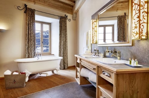 Ensuite bath at Schloss Mittersill Hotel in Kitzbühel, Austria. Travel with World Lifetime Journeys