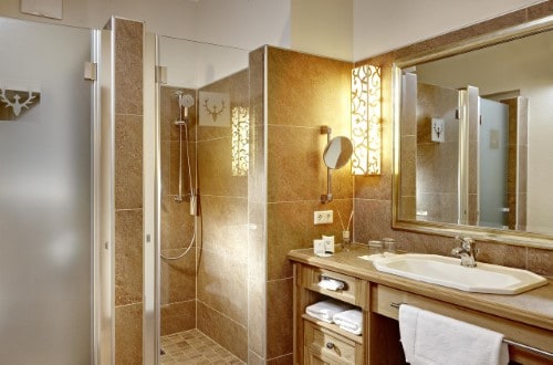 Ensuite bath at Schloss Mittersill Hotel in Kitzbühel, Austria. Travel with World Lifetime Journeys