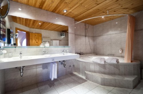 Ensuite bath at Waldhotel National Superior Hotel in Arosa, Switzerland. Travel with World Lifetime Journeys