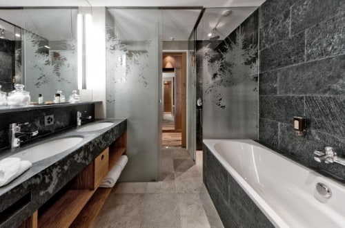 Ensuite bath at Waldhotel National Superior Hotel in Arosa, Switzerland. Travel with World Lifetime Journeys