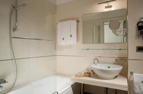 Ensuite bathroom at Adriatic Palace Hotel in Lido di Jesolo, Italy. Travel with World Lifetime Journeys