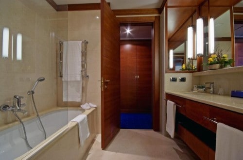 Ensuite bathroom at Hotel Carlos V in Alghero, Italy. Travel with World Lifetime Journeys