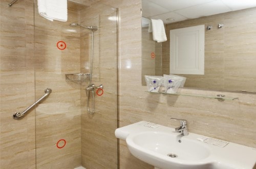 Ensuite bathroom at Port Fiesta Park in Benidorm, Spain. Travel with World Lifetime Journeys