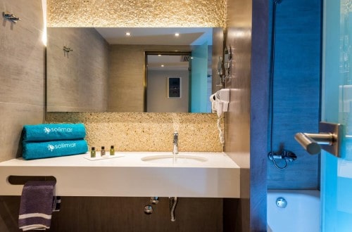 Ensuite bathroom at Solimar Aquamarine in Chania area, Crete. Travel with World Lifetime Journeys