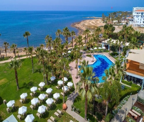 Hotel panorama at Aquamare Beach Hotel in Paphos, Cyprus. Travel with World Lifetime Journeys