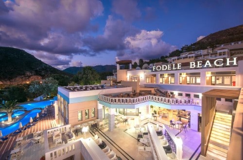 Hotel panorama at Fodele Beach Water Park Resort in Crete, Greece. Travel with World Lifetime Journeys