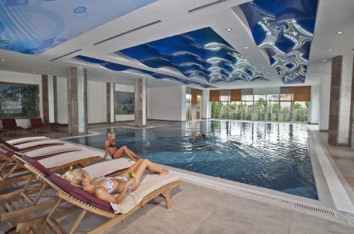 Indoor pool at Crystal Waterworld Resort in Belek, Turkey. Travel with World Lifetime Journeys