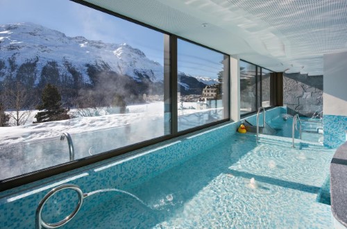 Indoor pool at Hotel Kulm in St. Moritz, Switzerland. Travel with World Lifetime Journeys