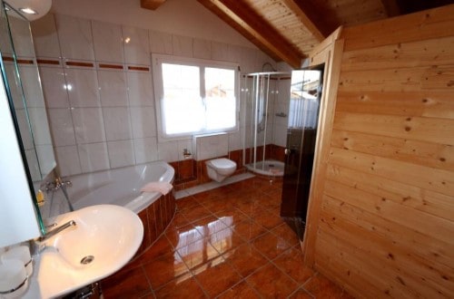 Inge ensuit bath at Allalin Apartments in Saas Fee, Switzerland. Travel with World Lifetime Journeys