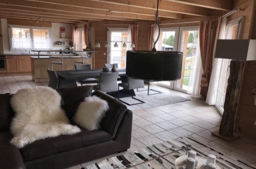 Inge livingroom and kitchen at Allalin Apartments in Saas Fee, Switzerland. Travel with World Lifetime Journeys