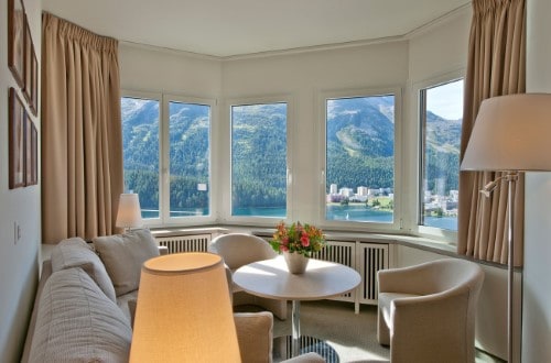 Junior suite view at Hotel Schweizerhof in St. Moritz, Switzerland. Travel with World Lifetime Journeys