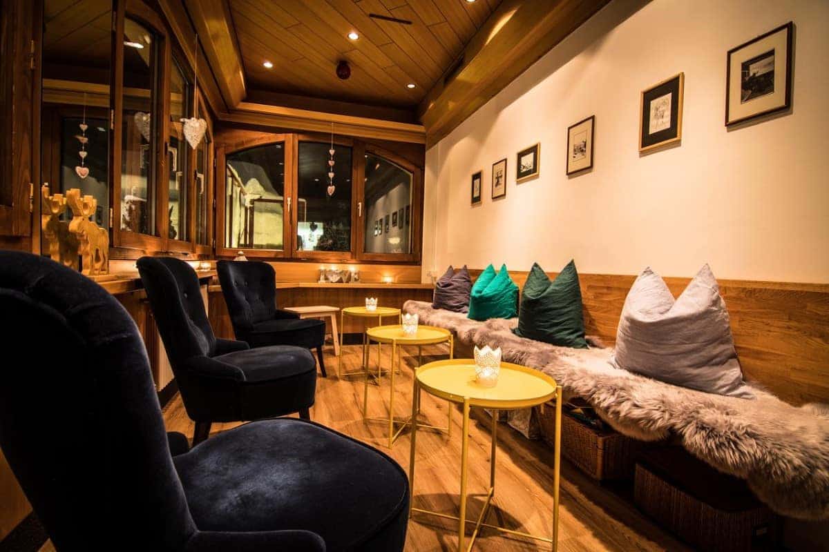 Lounge area at Bristol Hotel in Saas Fee, Switzerland. Travel with World Lifetime Journeys